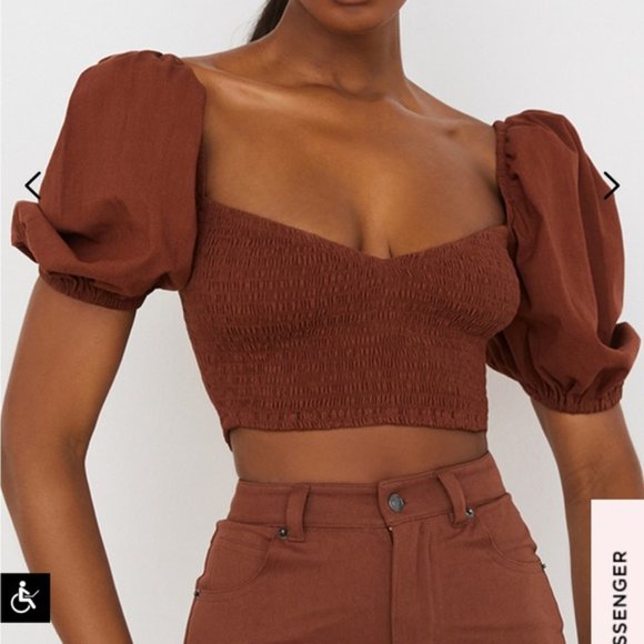 House of CB Lavanna Cocoa Puff Sleeve Cropped Top - Picture 2 of 8